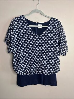 CAbi Navy and White Elephant Print V-Neck Blouse S